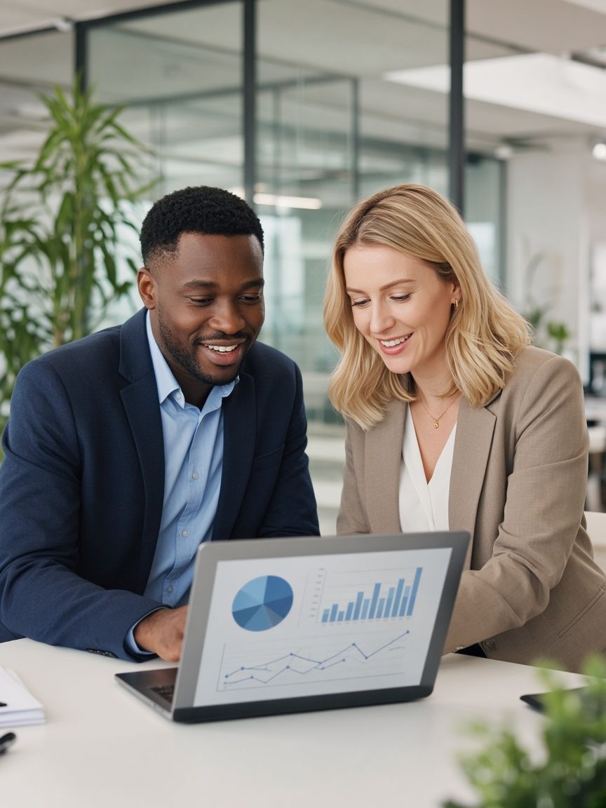 Two Greenfield & Okoro accountants reviewing reports on a laptop