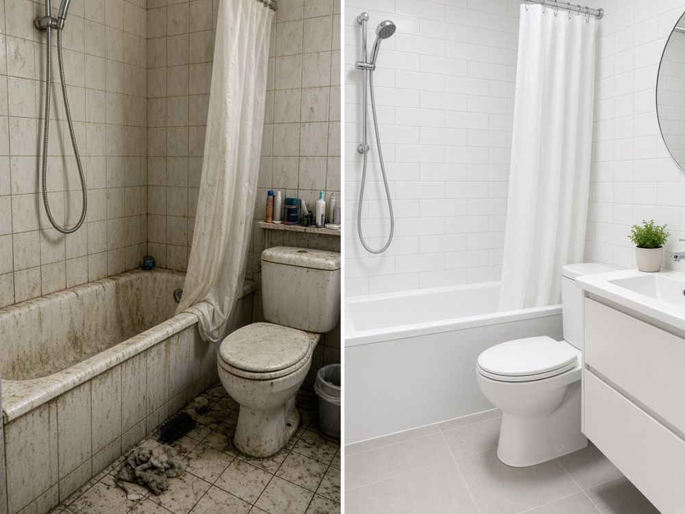 Bathroom before and after cleaning