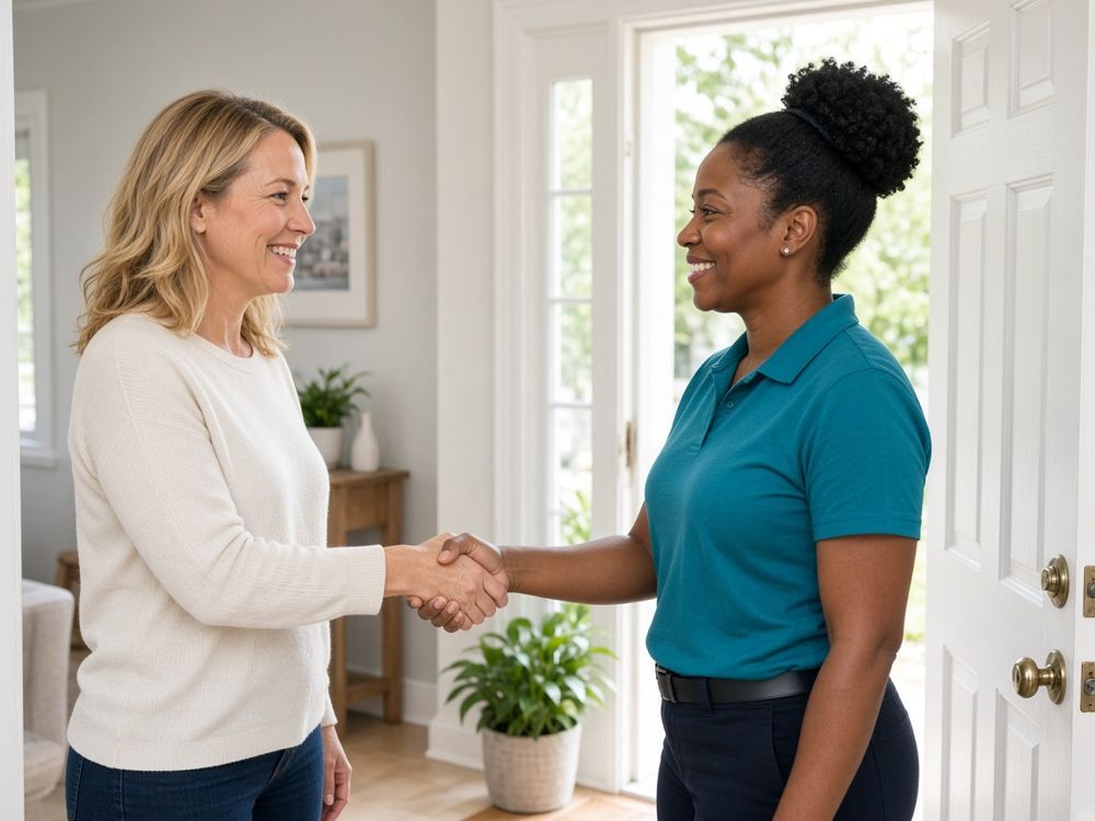 Happy client greeting a FreshNest cleaner at the door