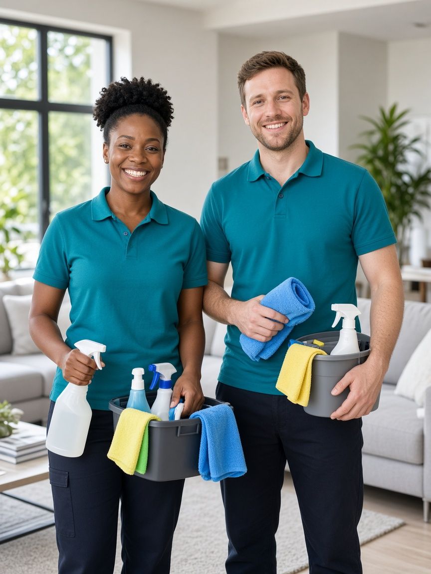 Two smiling FreshNest cleaners with supplies in a bright living room