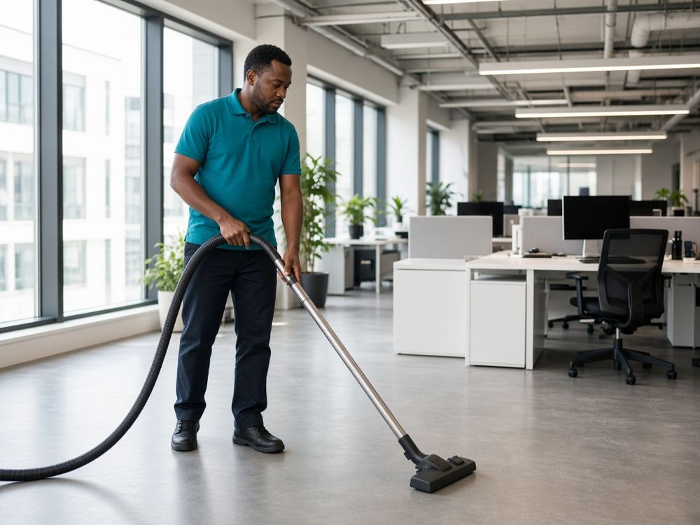FreshNest cleaner vacuuming a modern office