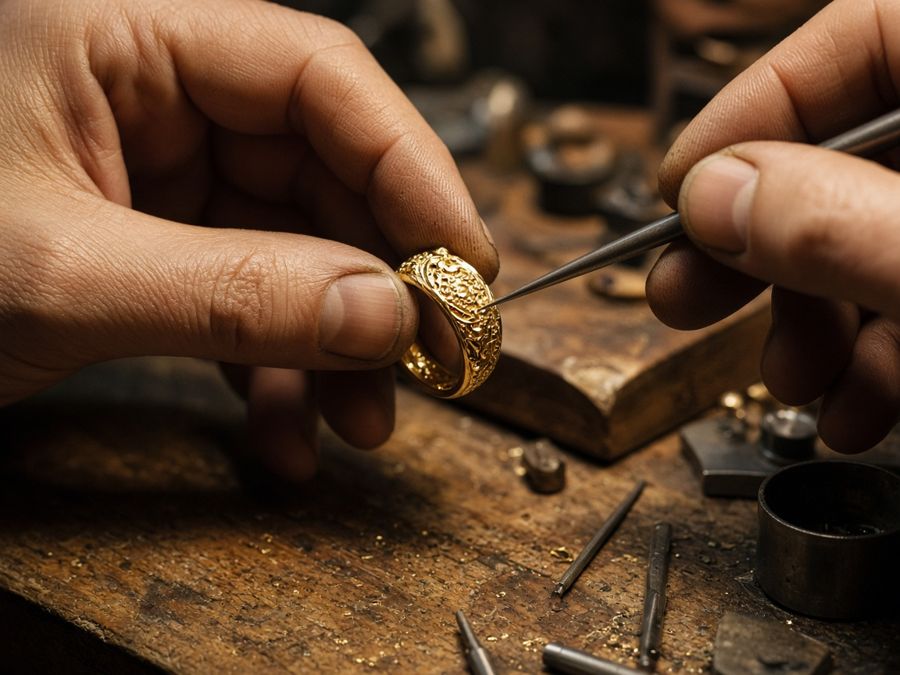 Jeweller hand-finishing a gold ring