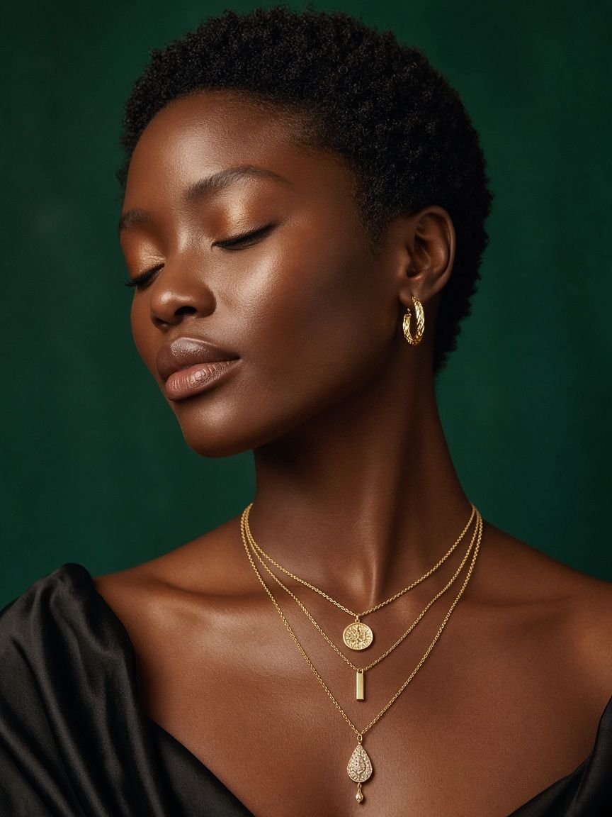 Model wearing layered gold necklaces