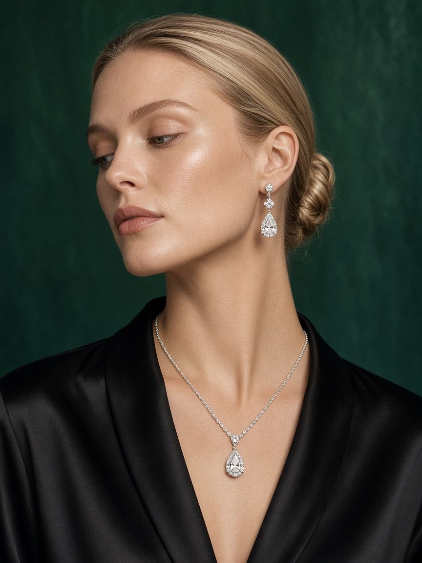 Model wearing diamond drop earrings and pendant