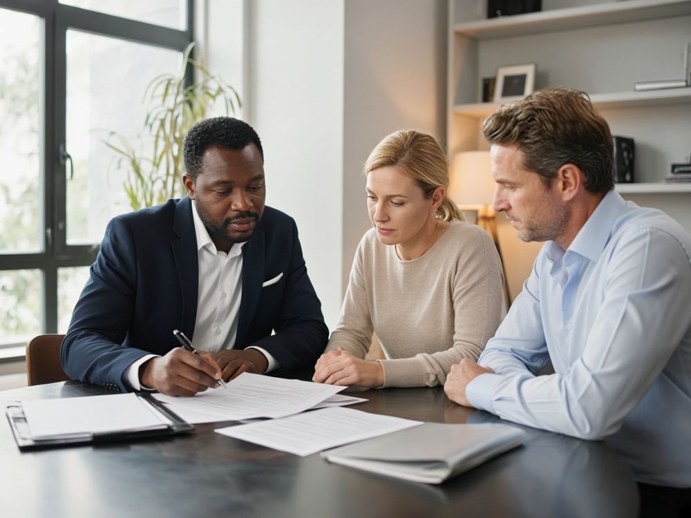 Attorney reviewing documents with clients