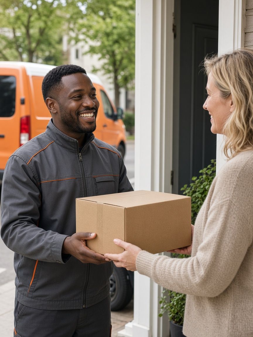 Swiftmark driver handing a parcel to a customer