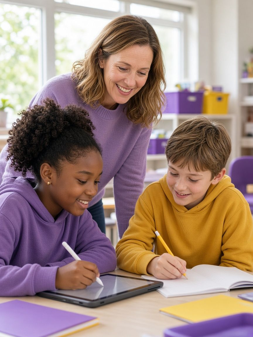 A Lumora teacher helping two students with their work