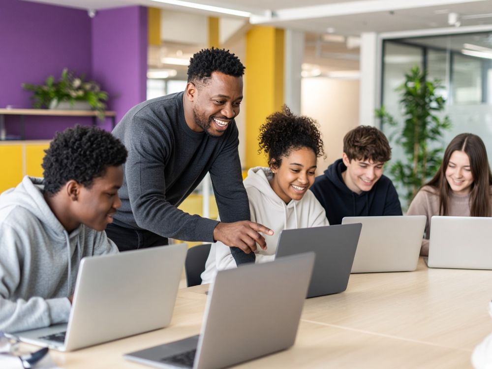 A Lumora teacher leading a coding class